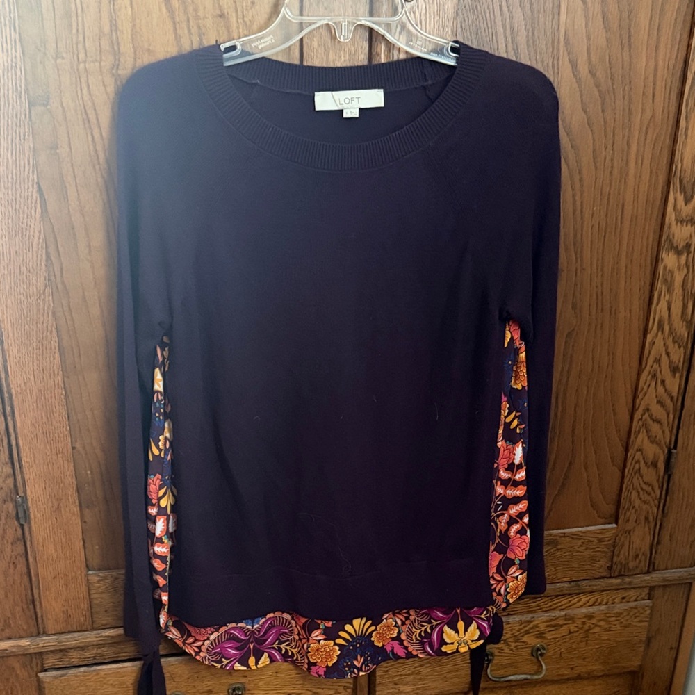 LOFT Women's Dark Purple Top with Floral Accents